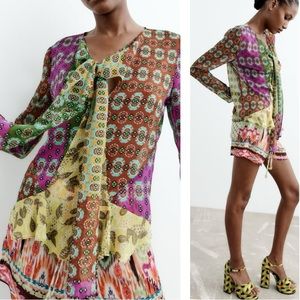 Zara NWT Boho Semi Sheer Colorful Bow Scarf Tie With Beading Size Small